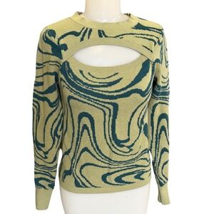 Willow + Root Womens Medium‎ Sweater Green Teal Marble Cutout Keyhole Abstract